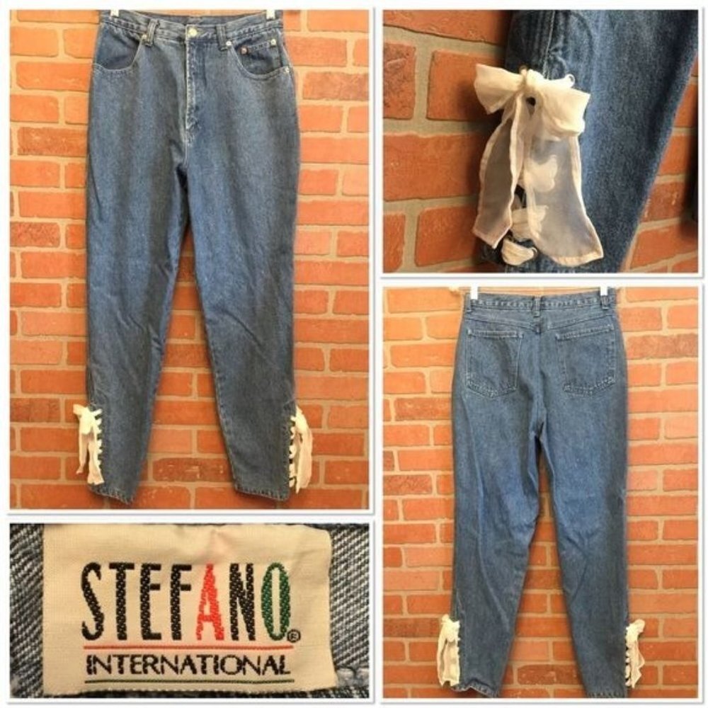 Vintage Stefano Womens Jeans Size 14 high rise Ribbon Lace Up ankles